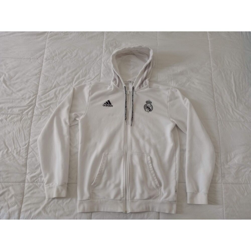 Adidas Real Madrid White Hoodie Zip Up Jacket Men's Medium FIFA LaLiga UEFA